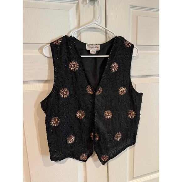 vintage 90s sequin vest features a stunning black sequin and beads - Picture 1 of 7